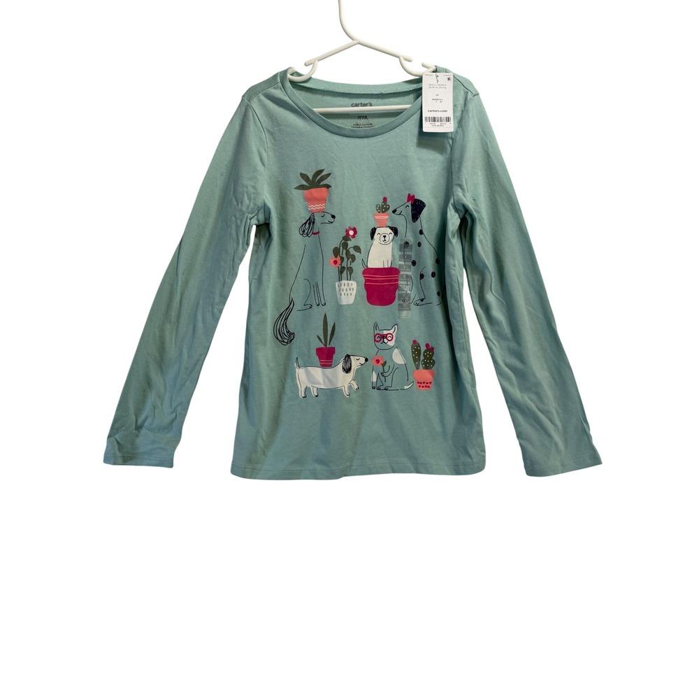 Carters Kid Girls Mint Green Dogs and Cats Potted Plants Graphic Tee Size 7 NWT
